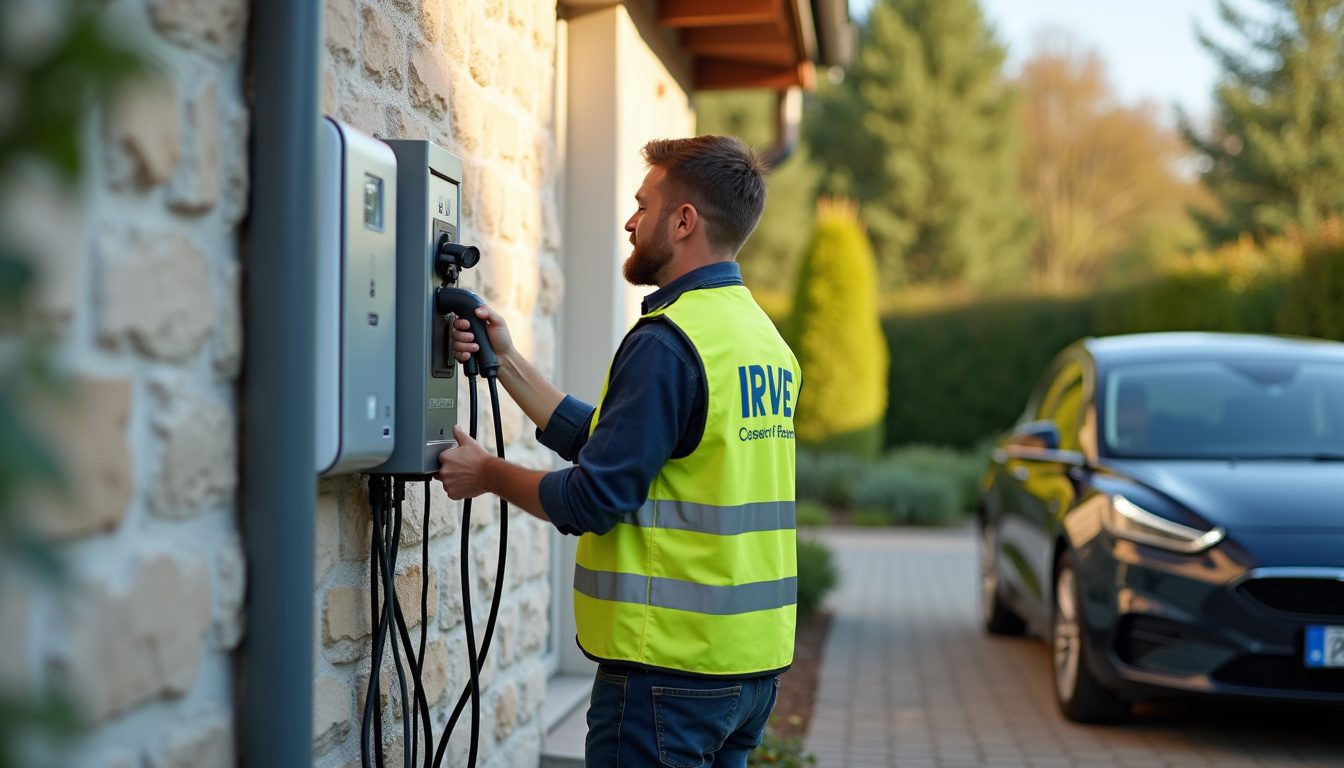 Technicien certifié IRVE en train d'installer une borne de recharge électrique à Feneu