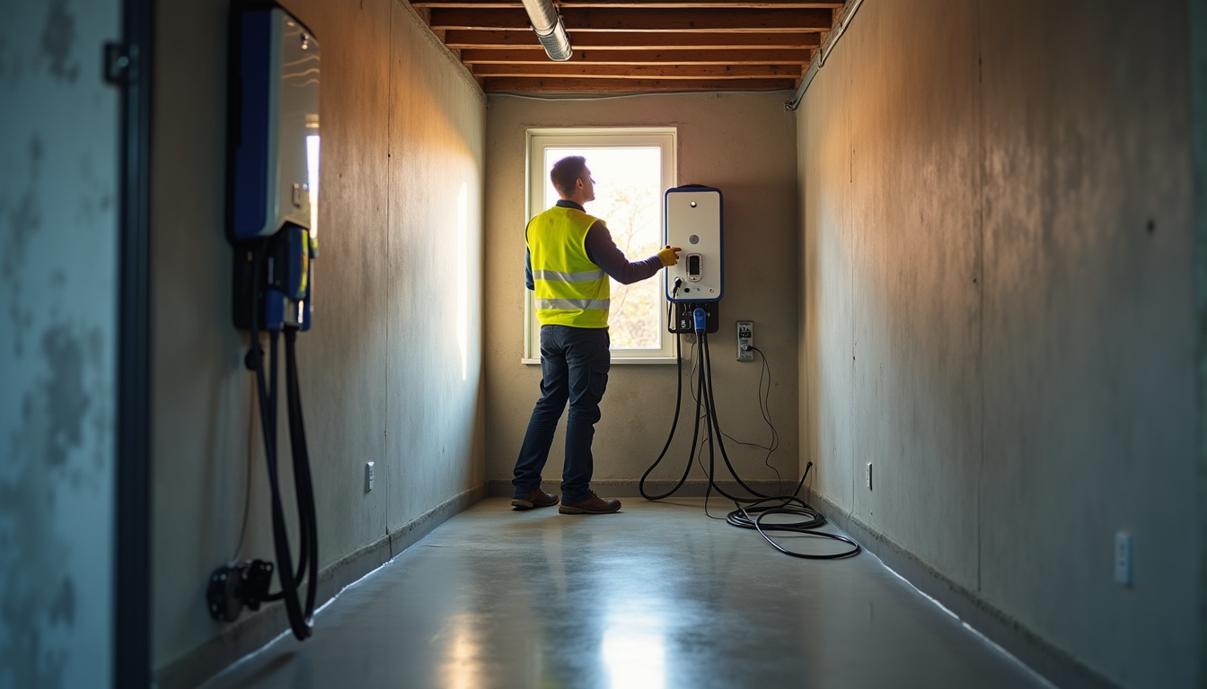Technicien certifié IRVE en train d'installer une borne de recharge électrique dans un garage à Sainte-Foy-l'Argentière