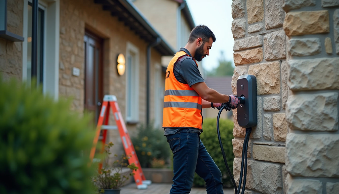 Technicien certifié IRVE en train d'installer une borne de recharge sur un mur extérieur à Ajain