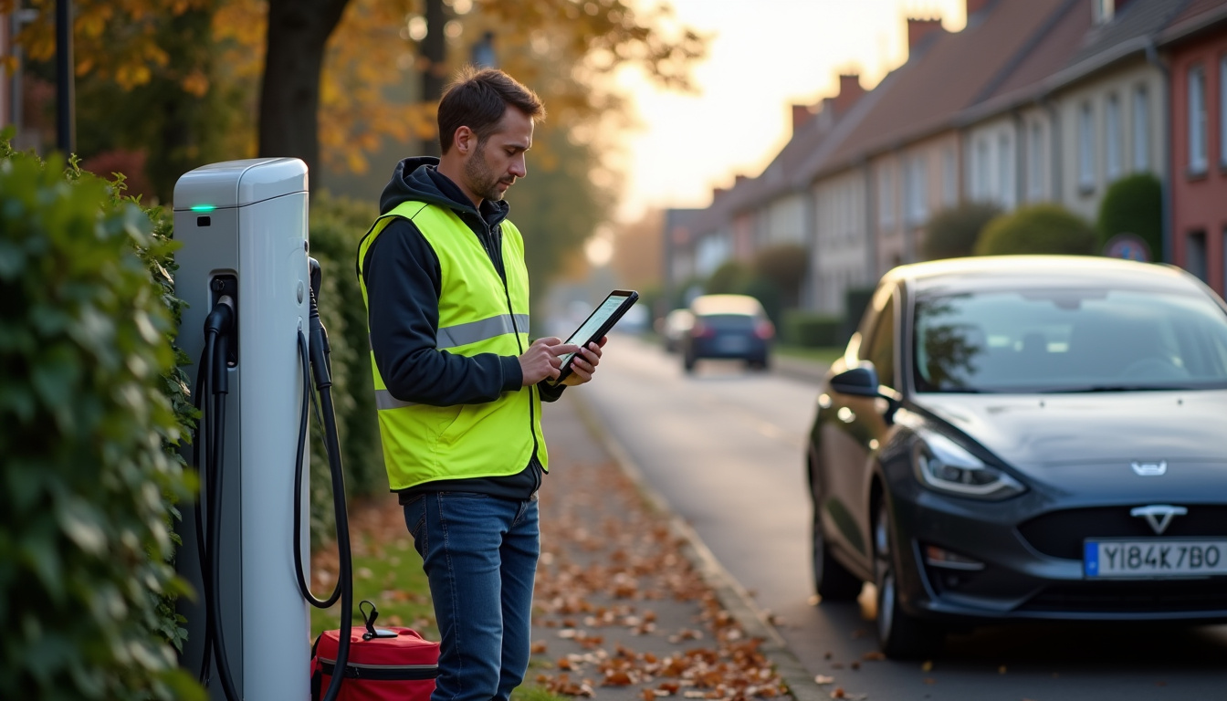 Technicien effectuant un contrôle de maintenance sur une borne de recharge à Montcourt-Fromonville