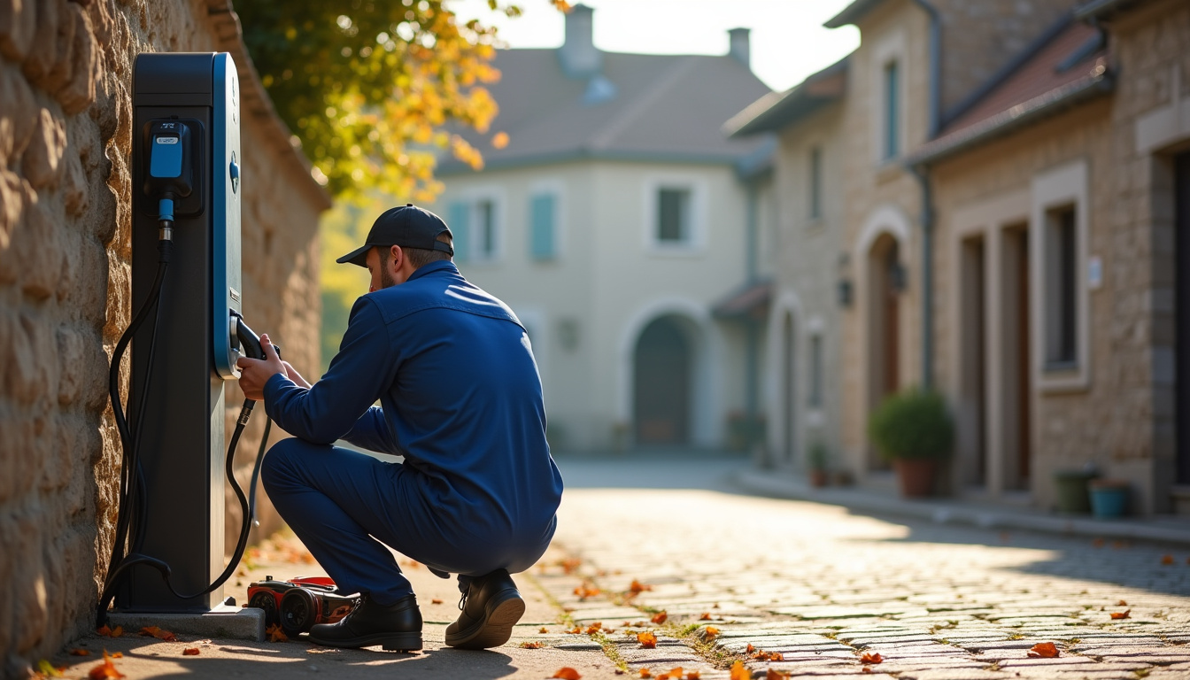 Technicien effectuant une maintenance annuelle sur une borne de recharge à Huisseau-sur-Cosson