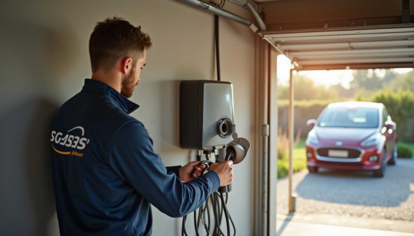 Technicien en tenue professionnelle en train d'installer une borne de recharge dans un garage à Cadillac-en-Fronsadais