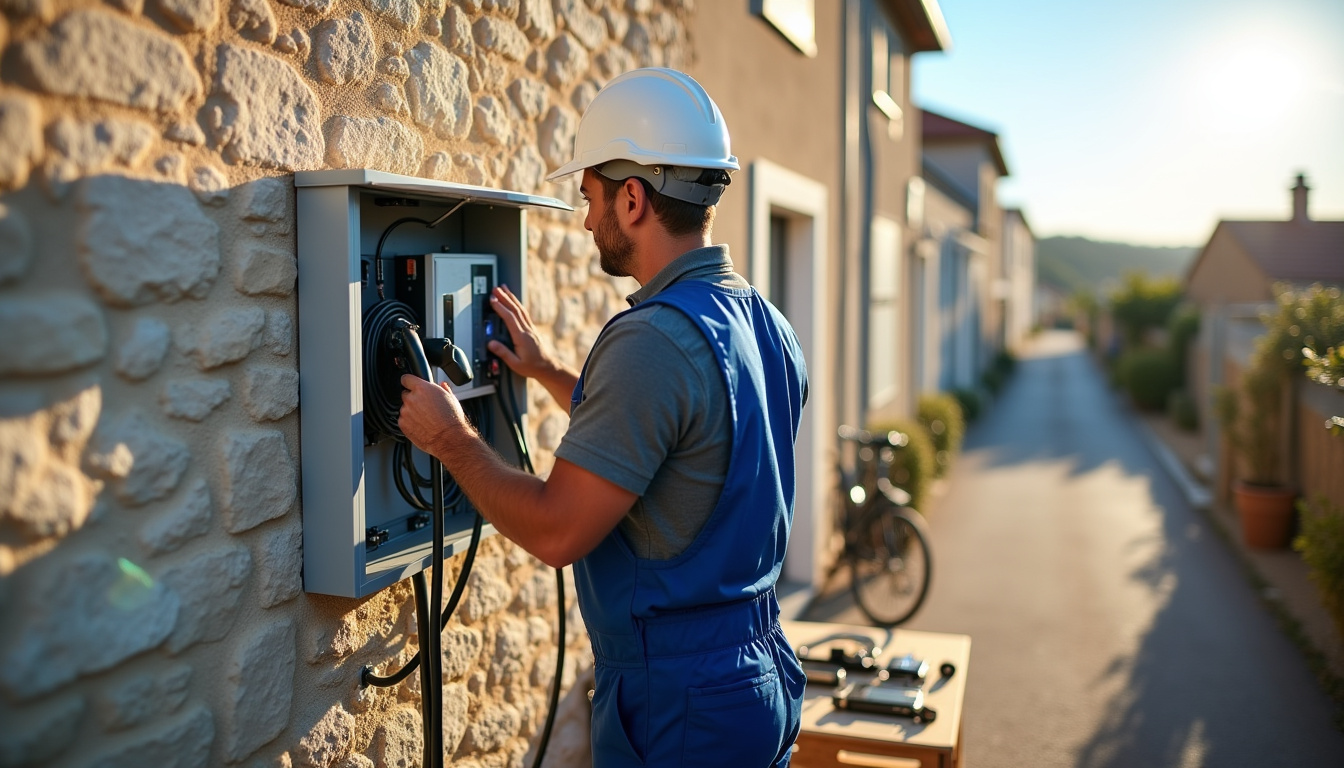 Technicien en tenue professionnelle installant une borne de recharge sur un mur extérieur à Villeneuve-en-Retz, avec matériel électrique et boîtier de branchement ouvert