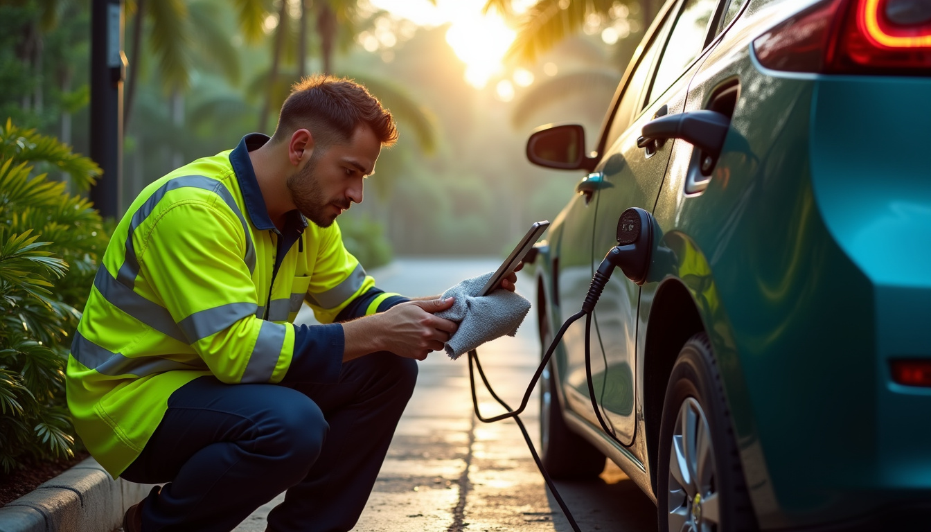 Technicien en train de faire la maintenance d'une borne de recharge électrique dans un environnement tropical, avec nettoyage des connecteurs et vérification logicielle