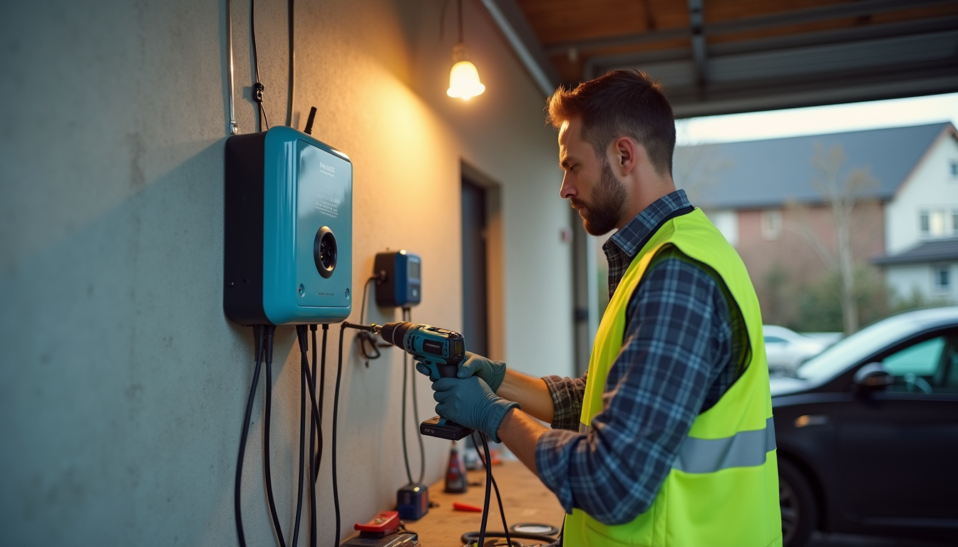 Technicien en train de fixer une borne de recharge murale dans un garage à Verrières-en-Anjou