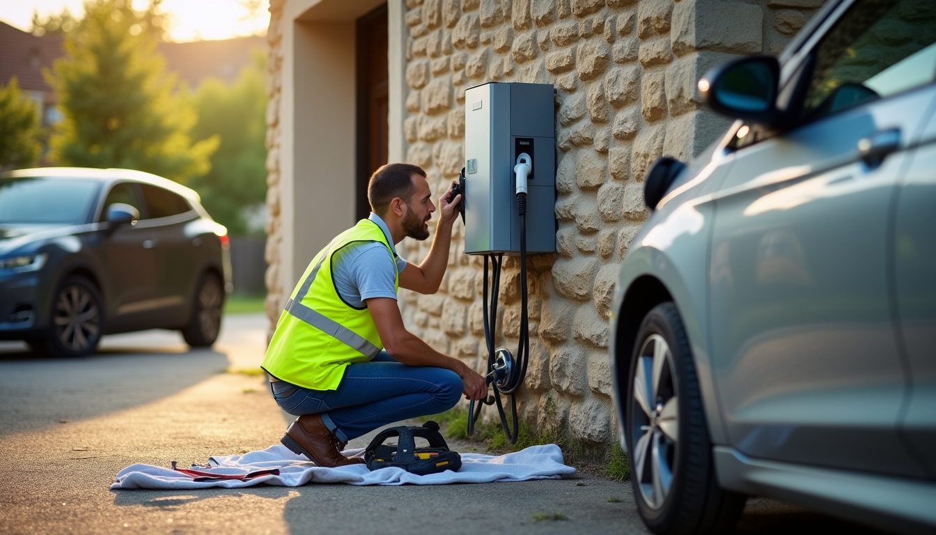 Technicien en train de poser une borne de recharge électrique devant un garage à Montargis