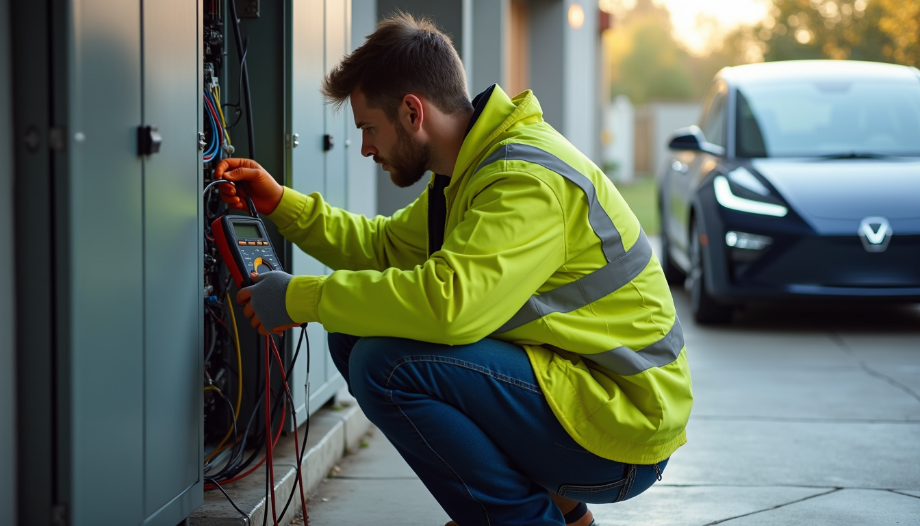 Technicien en train de réaliser un diagnostic électrique avant installation d'une borne de recharge à Beaumont-le-Roger