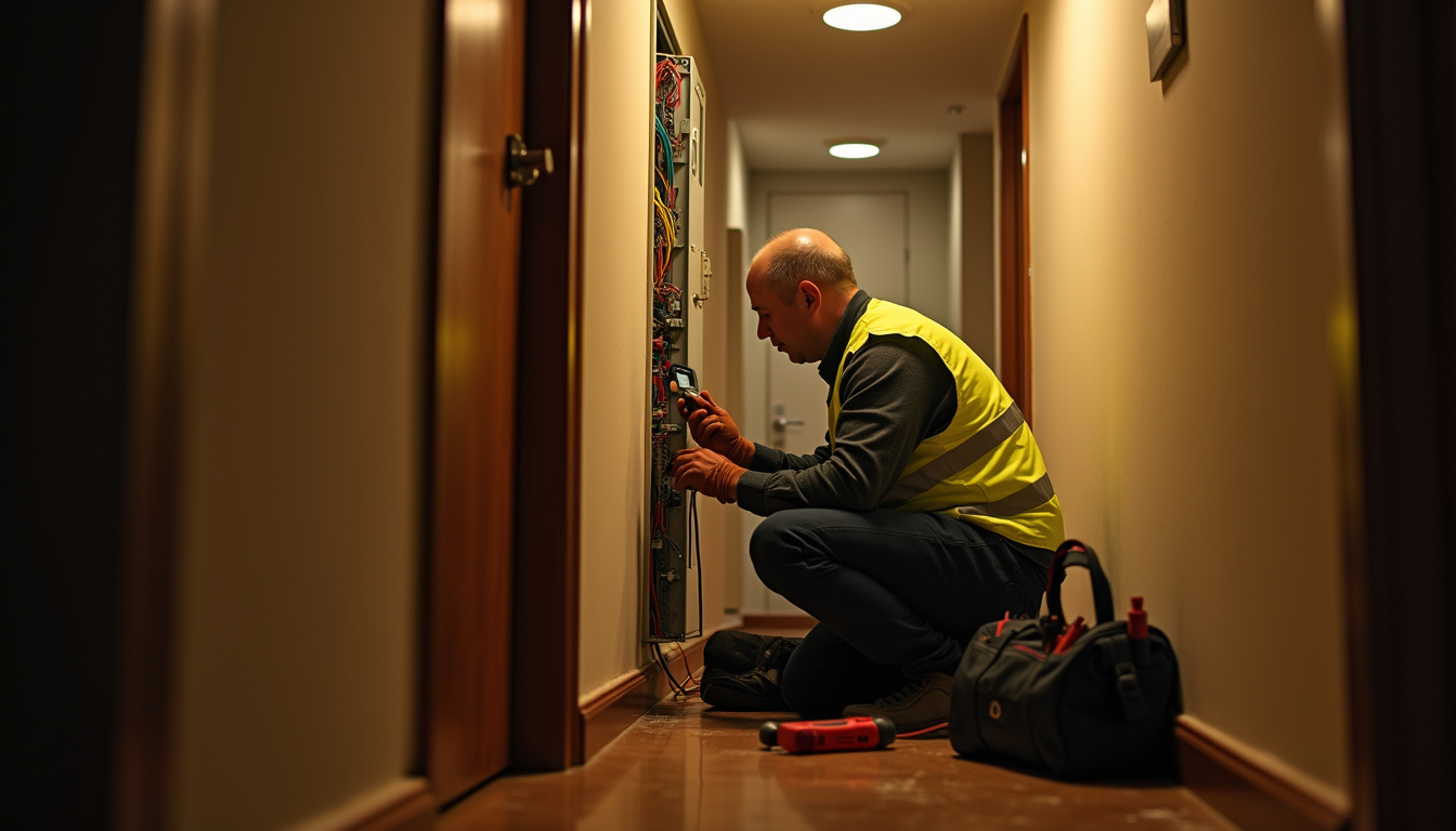 Technicien en train de réaliser un diagnostic électrique dans un logement à Saint-Ouen-sur-Seine