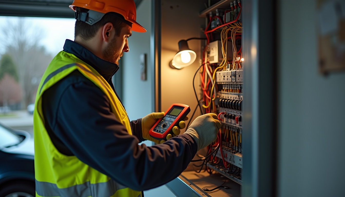 Technicien en train de réaliser un diagnostic électrique pour une borne de recharge