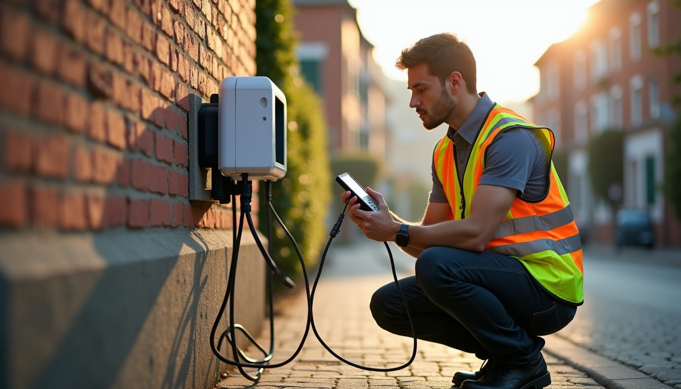 Technicien en train de vérifier l'état d'une borne de recharge lors d'une intervention de maintenance à Civens