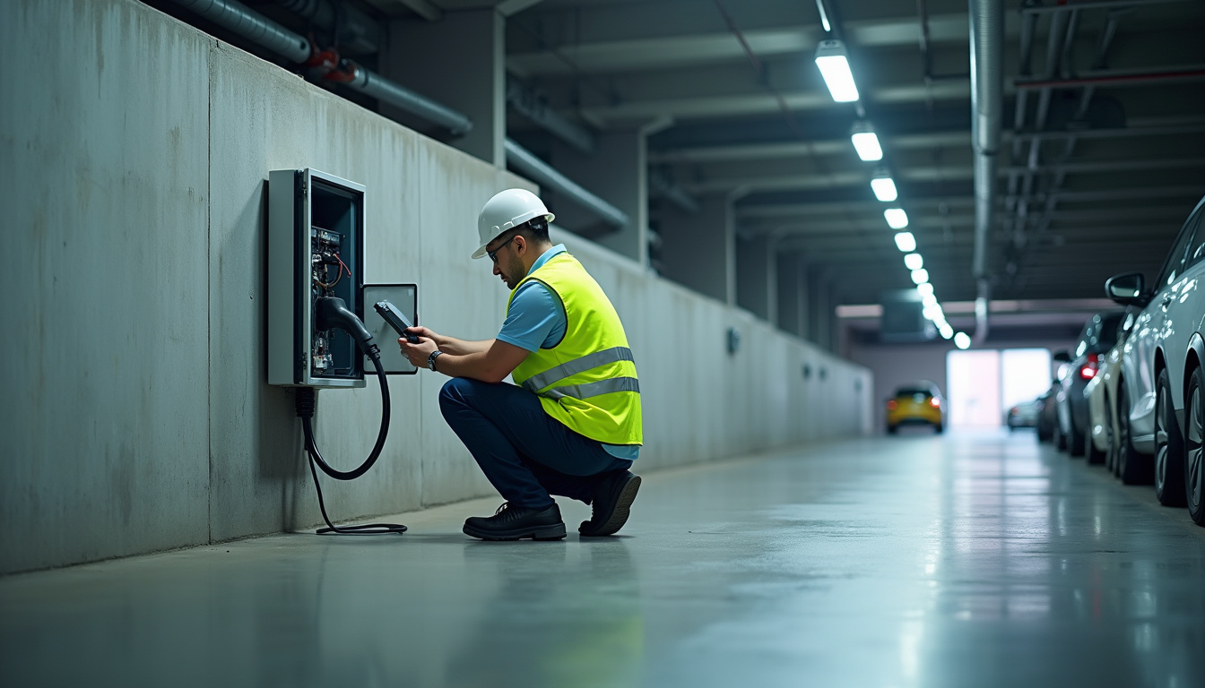 Technicien en train de vérifier un boîtier de borne de recharge dans un parking collectif à Rueil-Malmaison