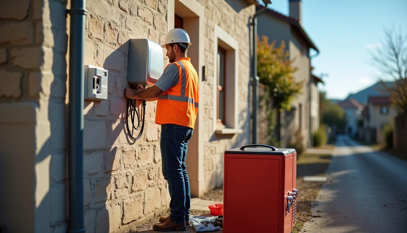 Technicien en train de vérifier un compteur Linky avant installation d'une borne de recharge à Dolomieu