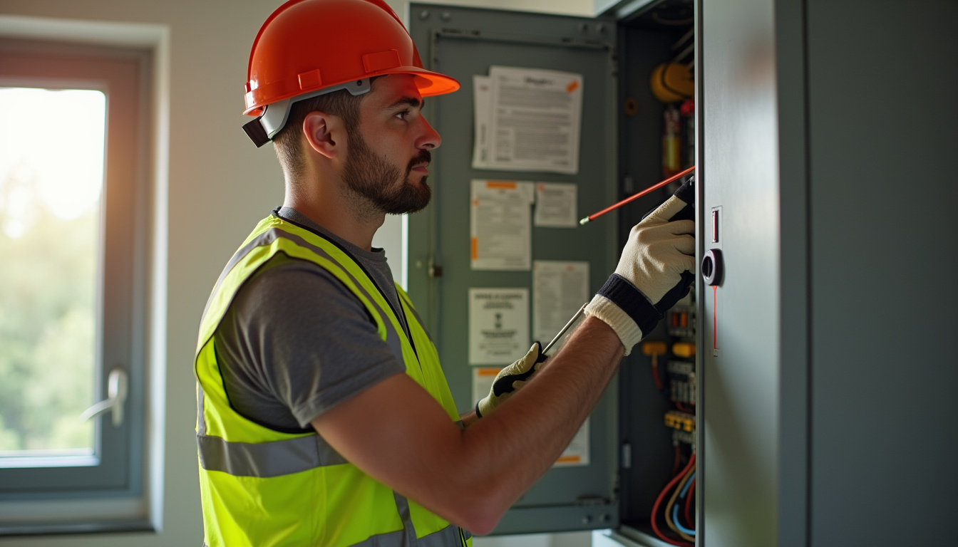 Technicien en train de vérifier un tableau électrique lors d'un diagnostic préalable à l'installation d'une borne de recharge à Sain-Bel