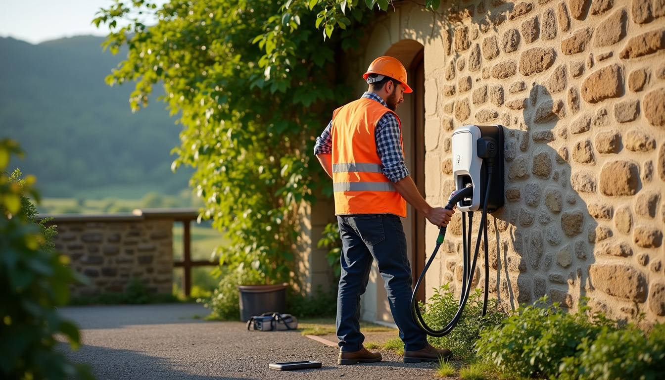 Technicien en train de vérifier une borne de recharge à Saint-Romain-de-Popey