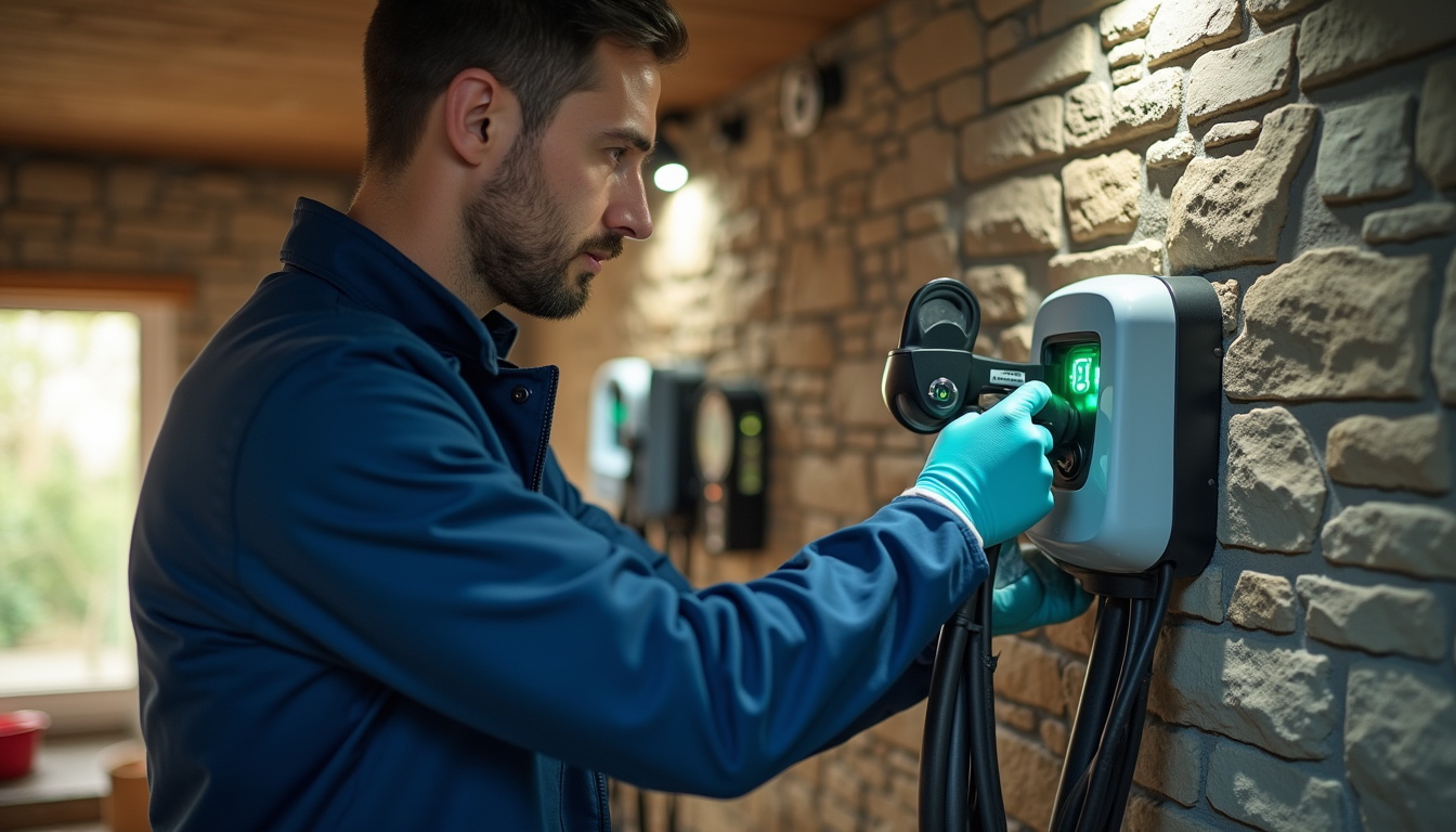 Technicien en train de vérifier une borne de recharge électrique à Le Porge