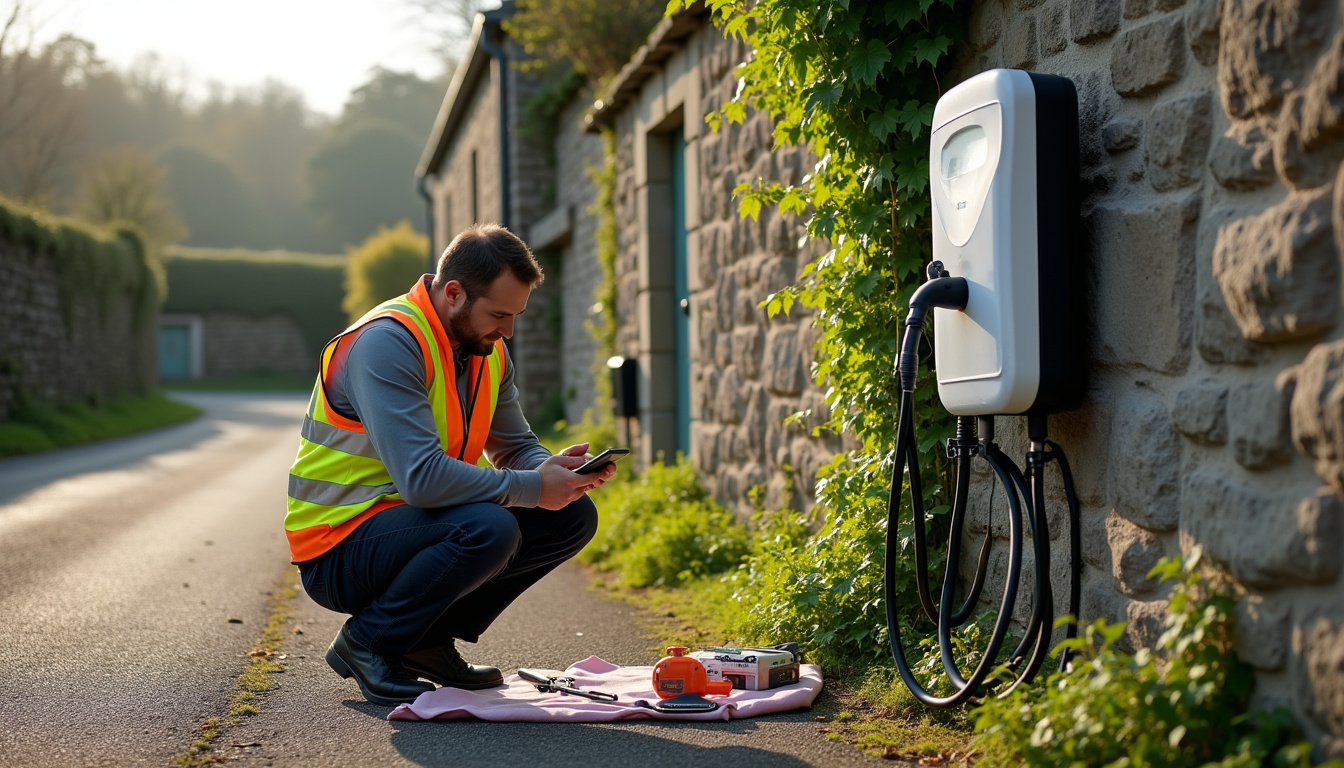 Technicien en train de vérifier une borne de recharge électrique à Plouër-sur-Rance