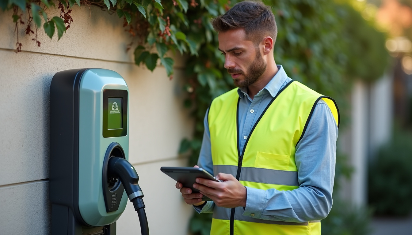 Technicien en train de vérifier une borne de recharge électrique en extérieur