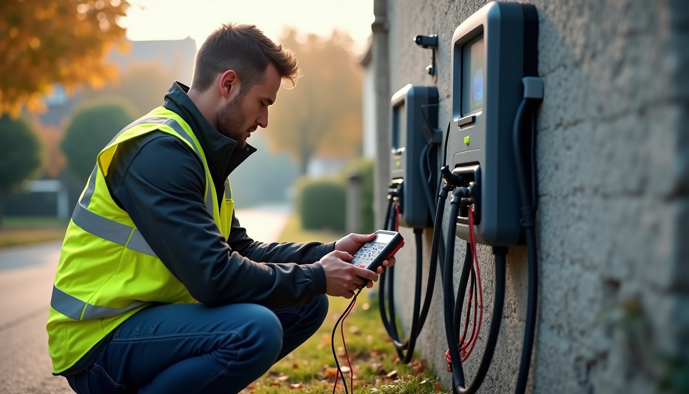 Technicien en train de vérifier une borne de recharge électrique lors d'une maintenance programmée