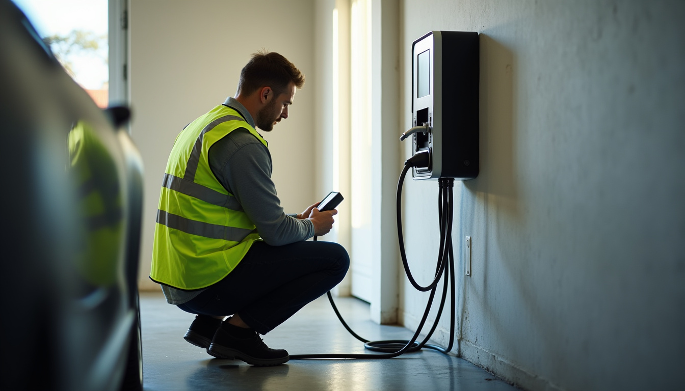 Technicien en train de vérifier une borne de recharge installée à Doncourt-lès-Conflans