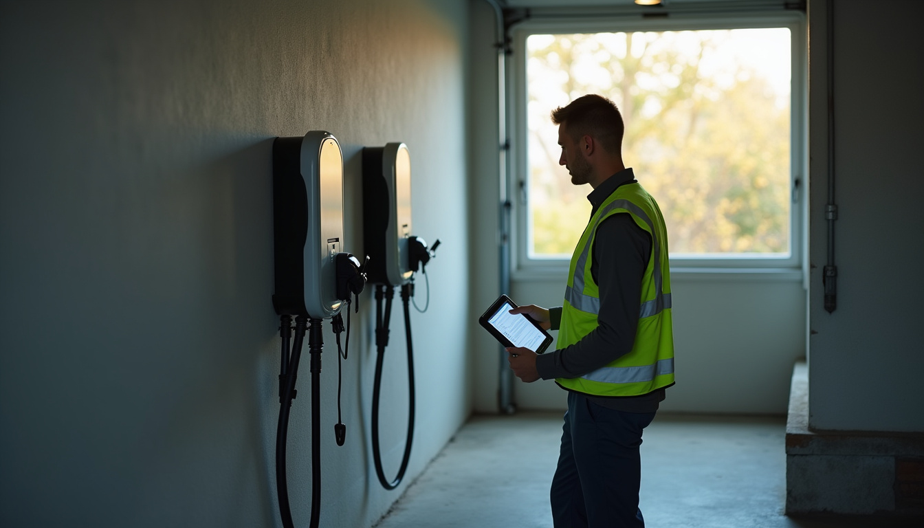 Technicien en train de vérifier une borne de recharge murale