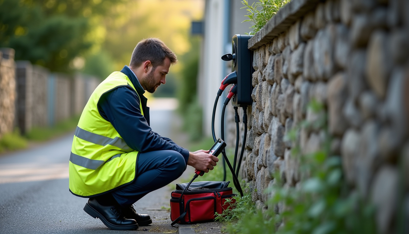 Technicien en train de vérifier une borne de recharge pour véhicule électrique à Montoir-de-Bretagne