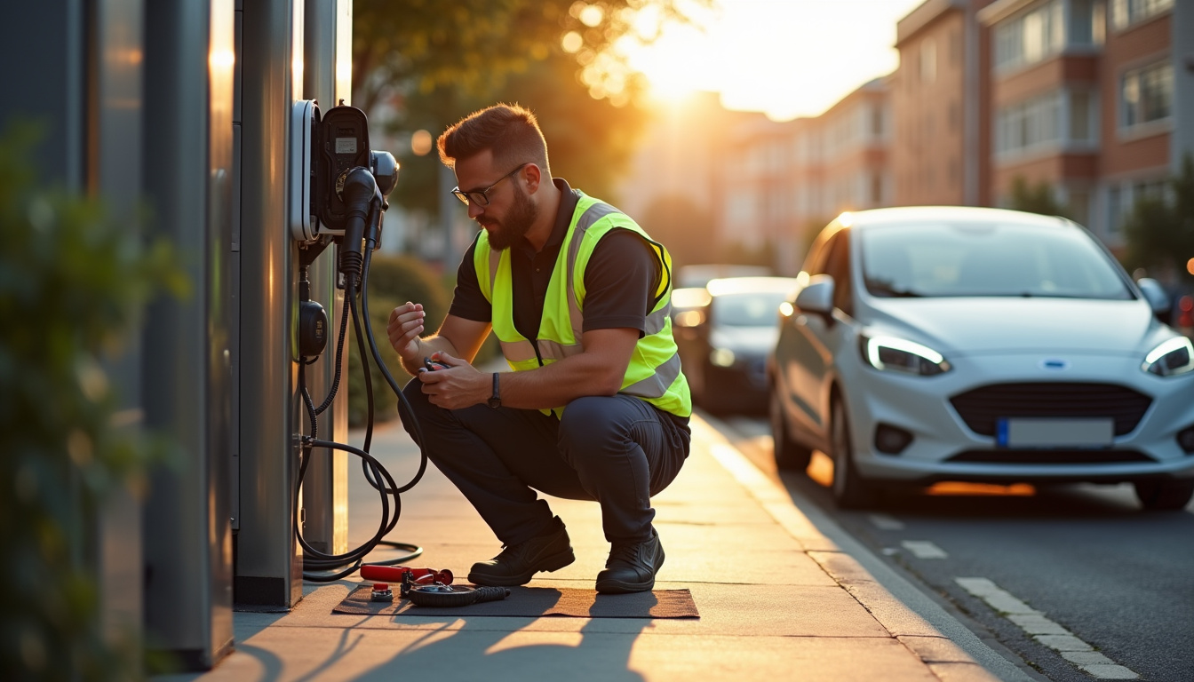 Technicien en train d'effectuer une maintenance sur une borne de recharge électrique à Hirson
