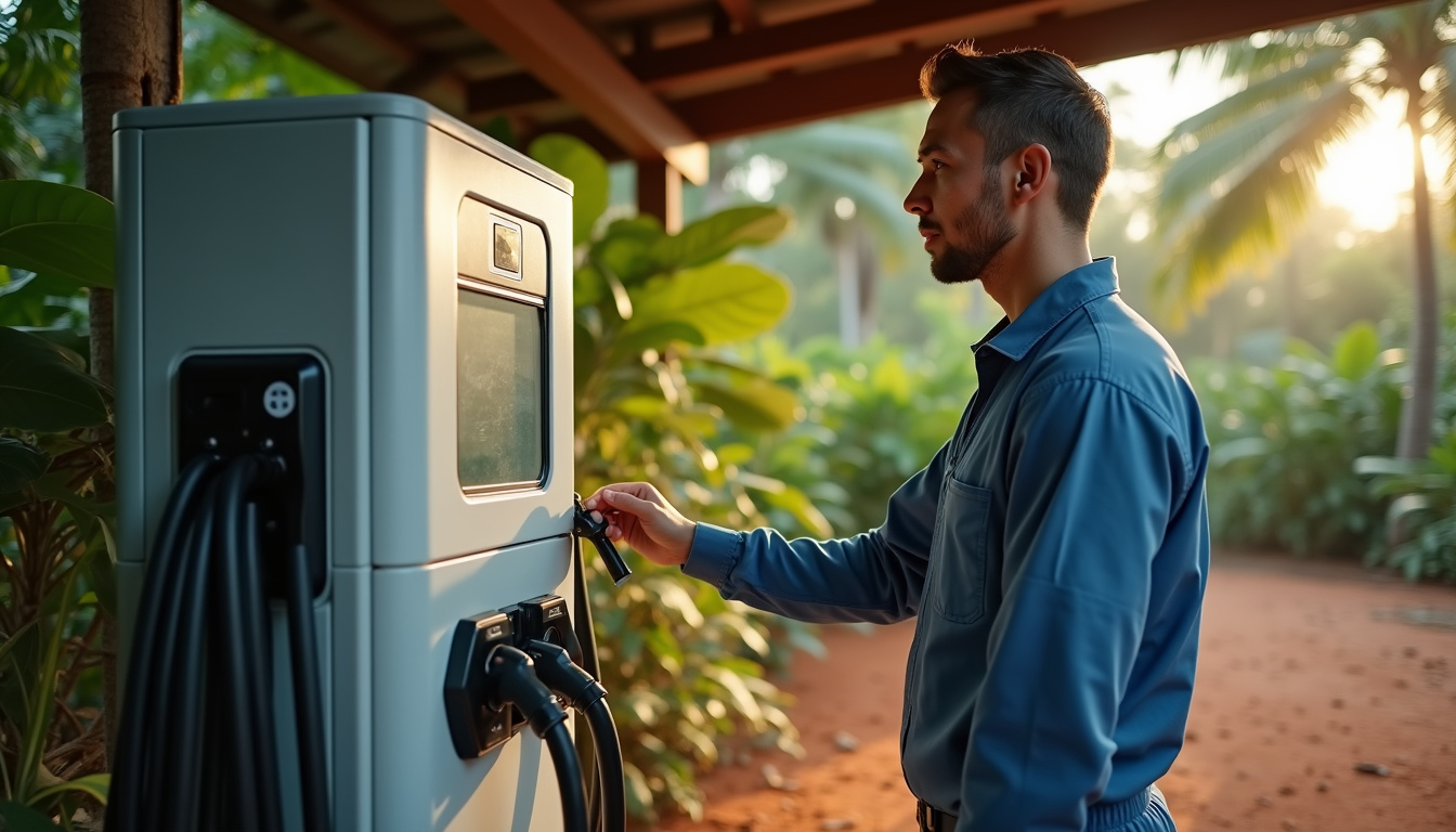 Technicien en train d'inspecter une borne de recharge électrique en milieu tropical