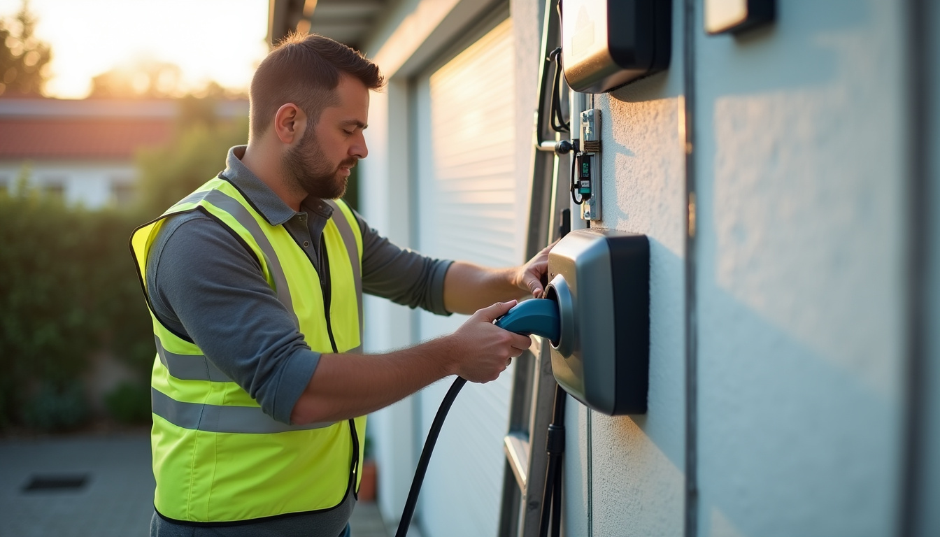 Technicien en train d'installer une borne de recharge à Lamothe-Landerron
