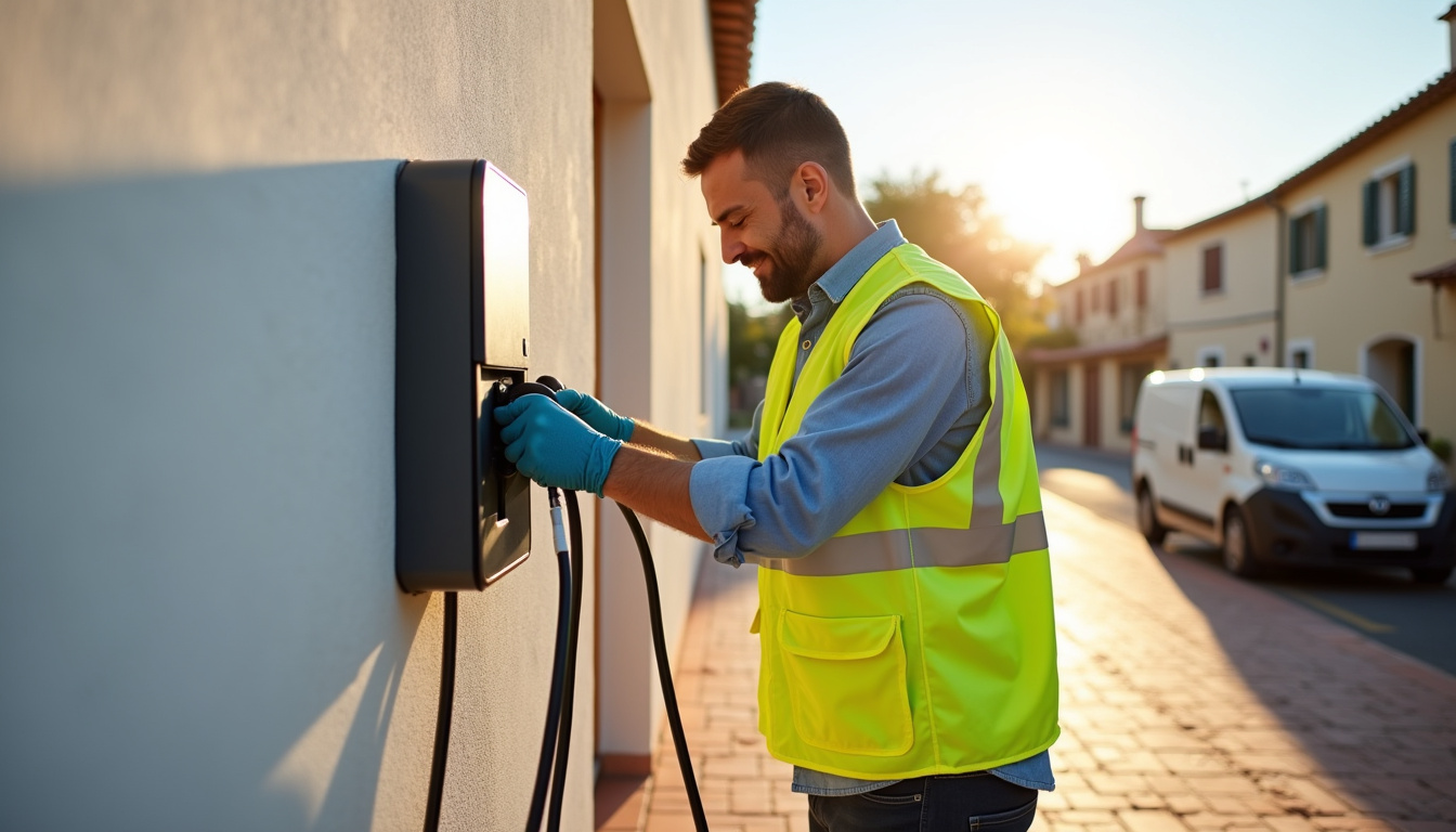 Technicien en train d'installer une borne de recharge à Noves