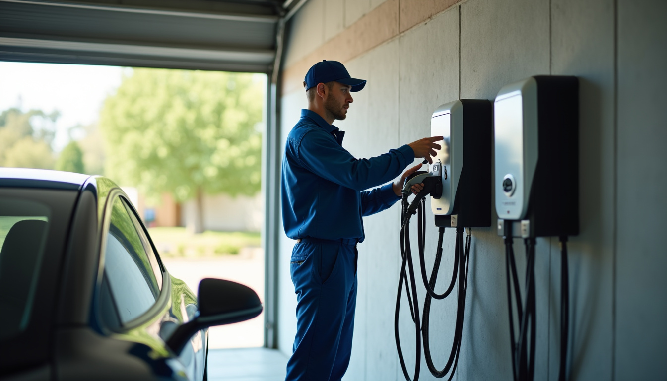 Technicien en train d’installer une borne de recharge dans un garage à Les Clayes-sous-Bois