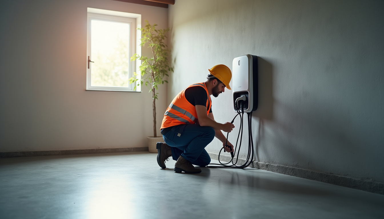 Technicien en train d'installer une borne de recharge dans un garage à Plobannalec-Lesconil