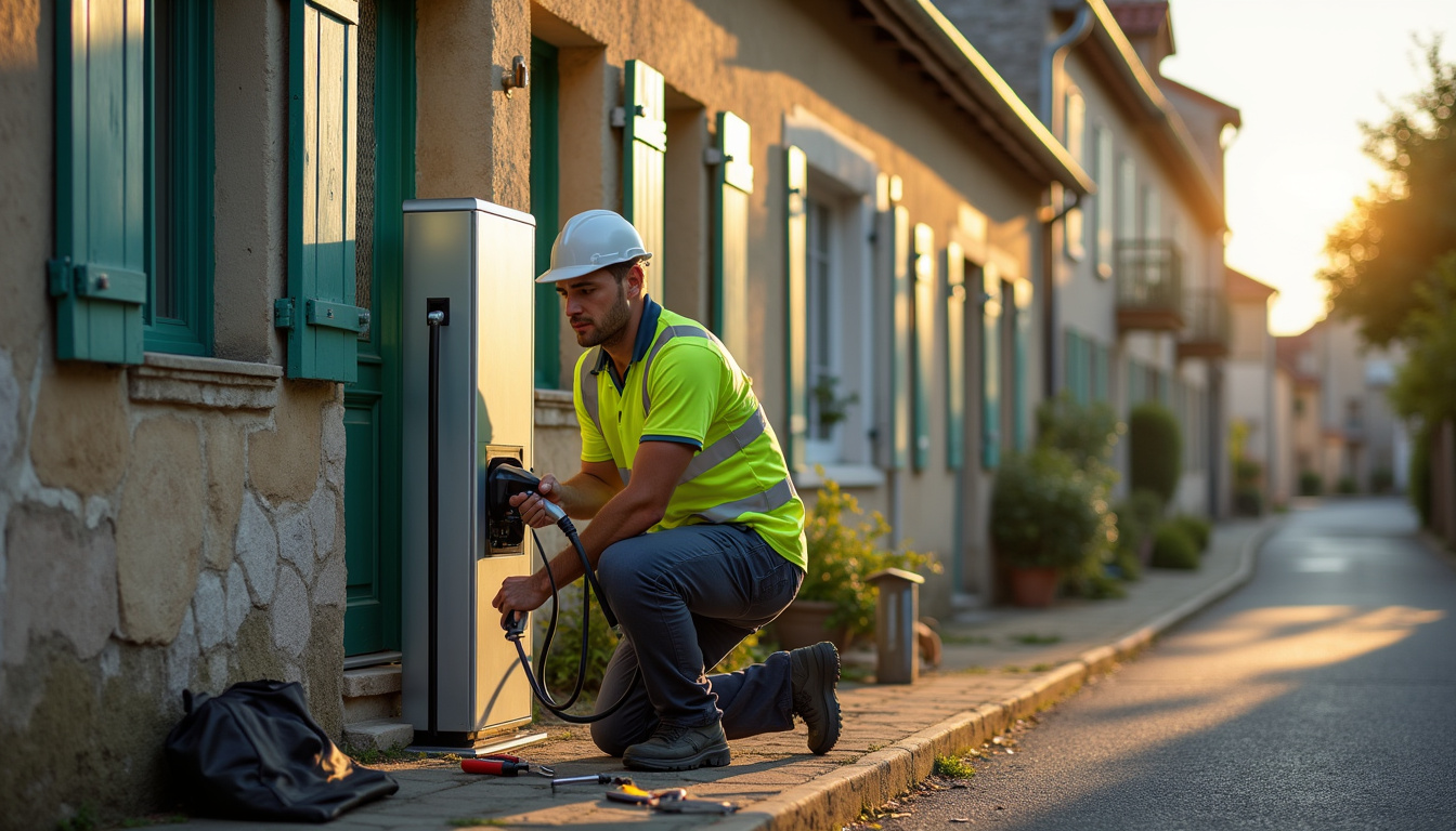 Technicien en train d'installer une borne de recharge électrique à Belleville-sur-Meuse