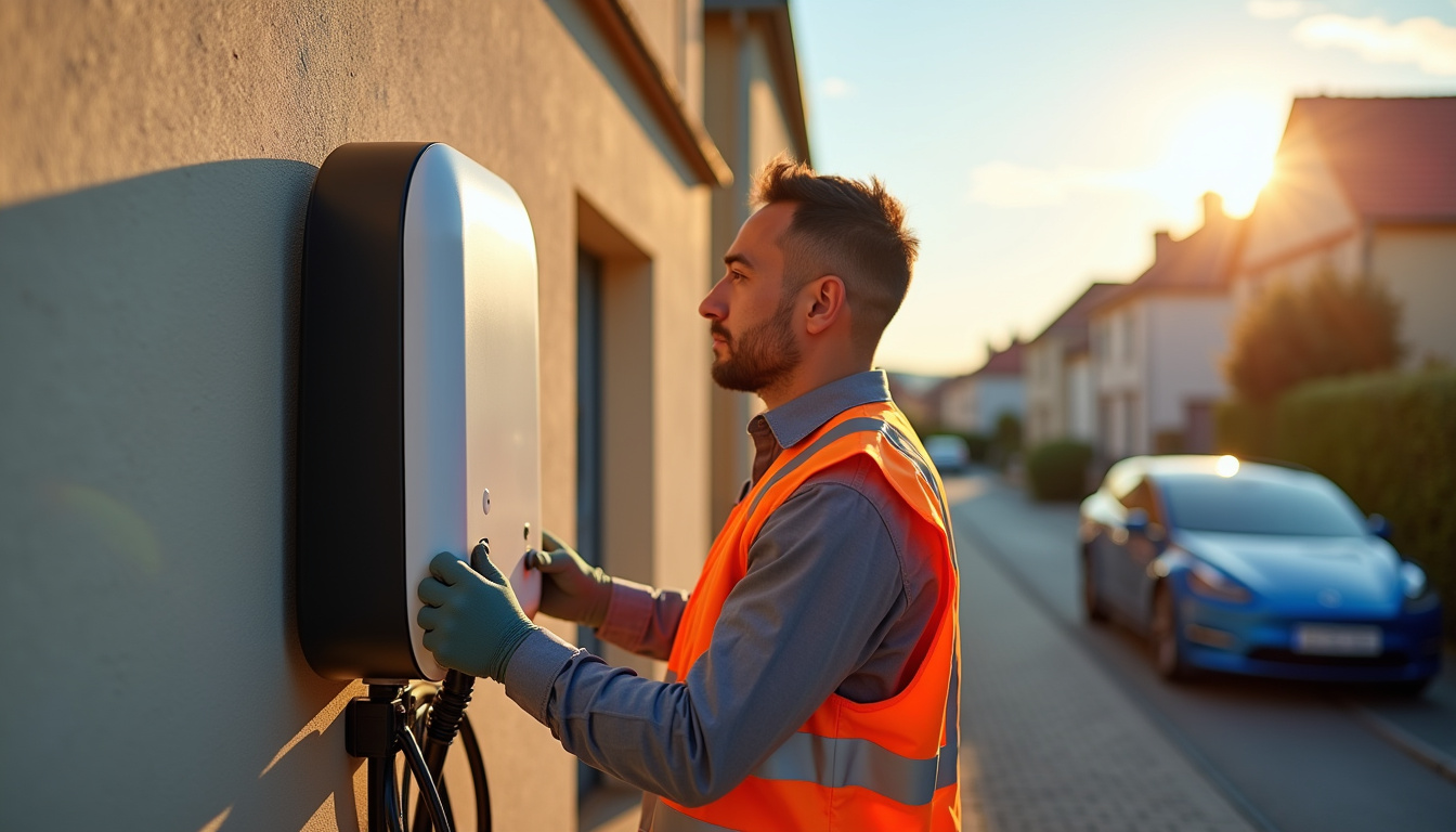 Technicien en train d'installer une borne de recharge électrique à Brûlon