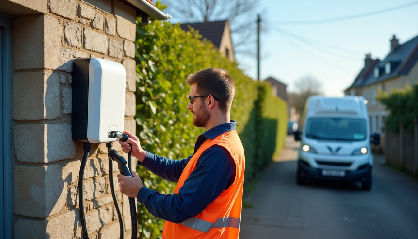 Technicien en train d'installer une borne de recharge électrique à Jullouville