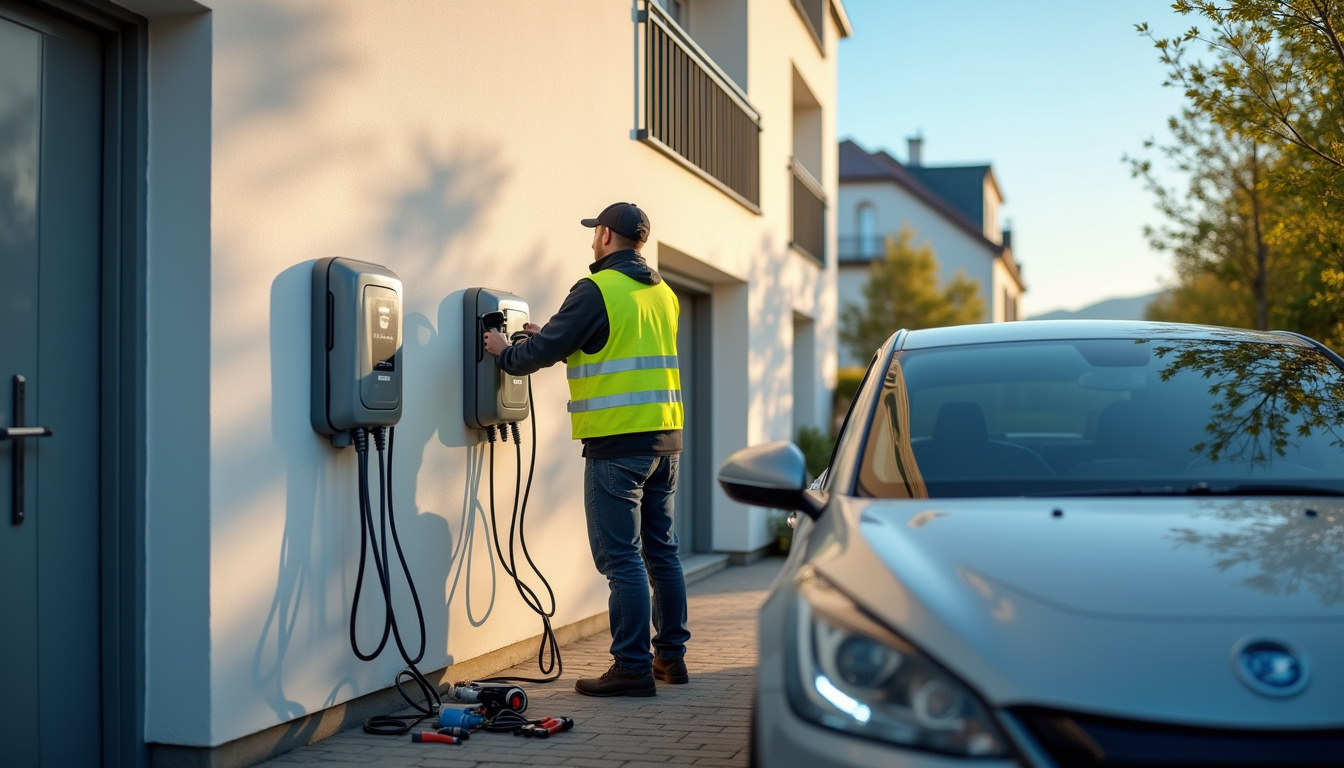 Technicien en train d'installer une borne de recharge électrique à La Tour-du-Pin