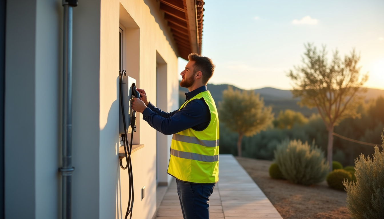 Technicien en train d'installer une borne de recharge électrique à l'extérieur d'une maison à Saint-Georges-d'Orques