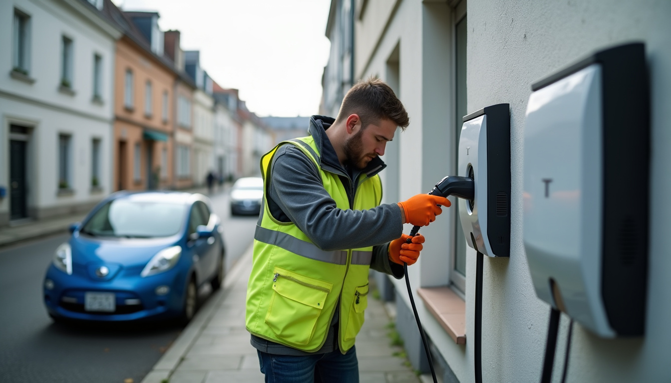 Technicien en train d’installer une borne de recharge électrique à Lille