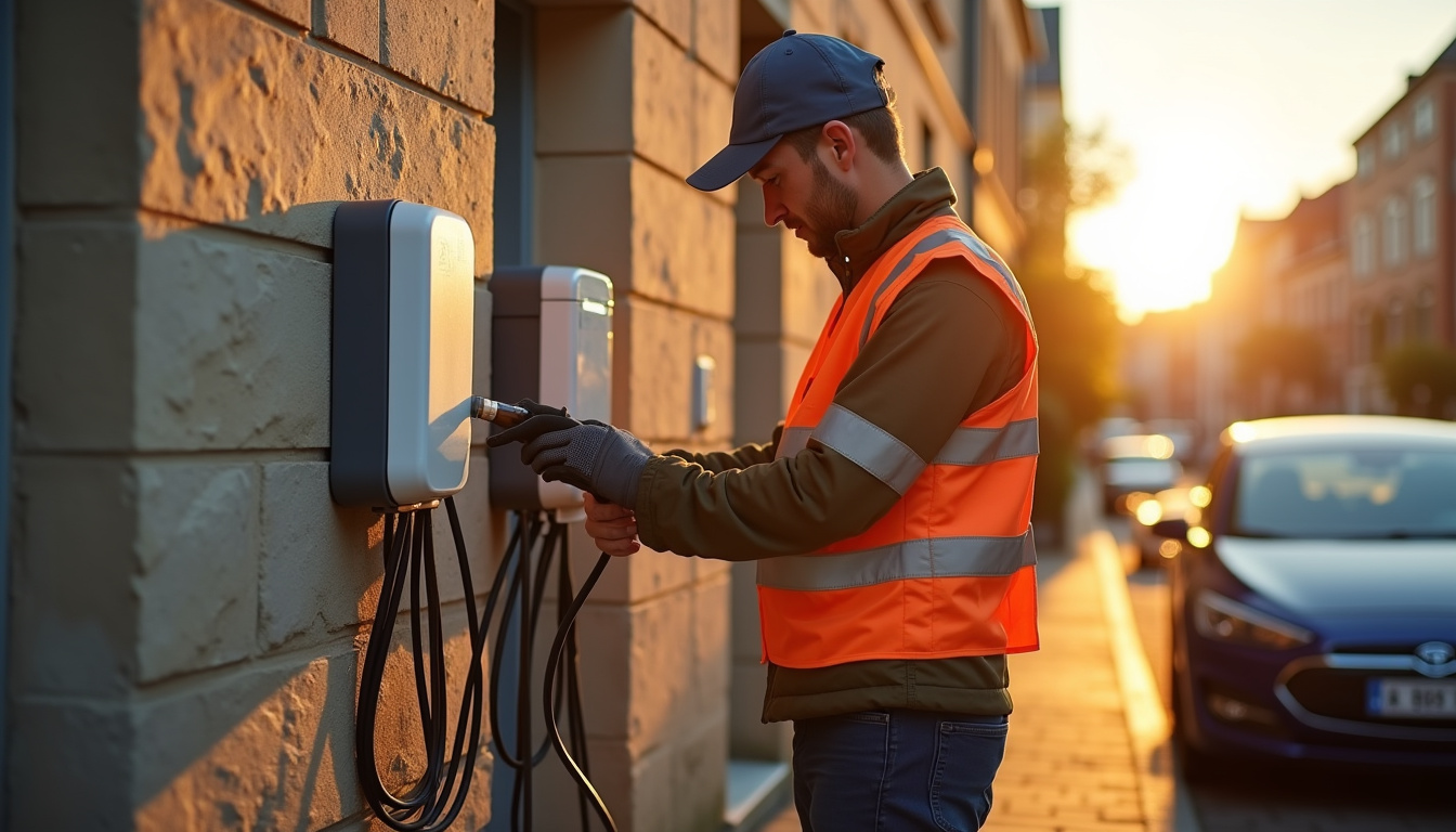 Technicien en train d’installer une borne de recharge électrique à Meaux