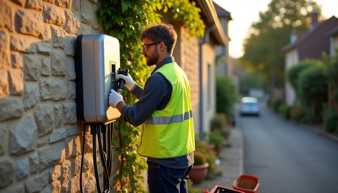 Technicien en train d’installer une borne de recharge électrique à Montjean