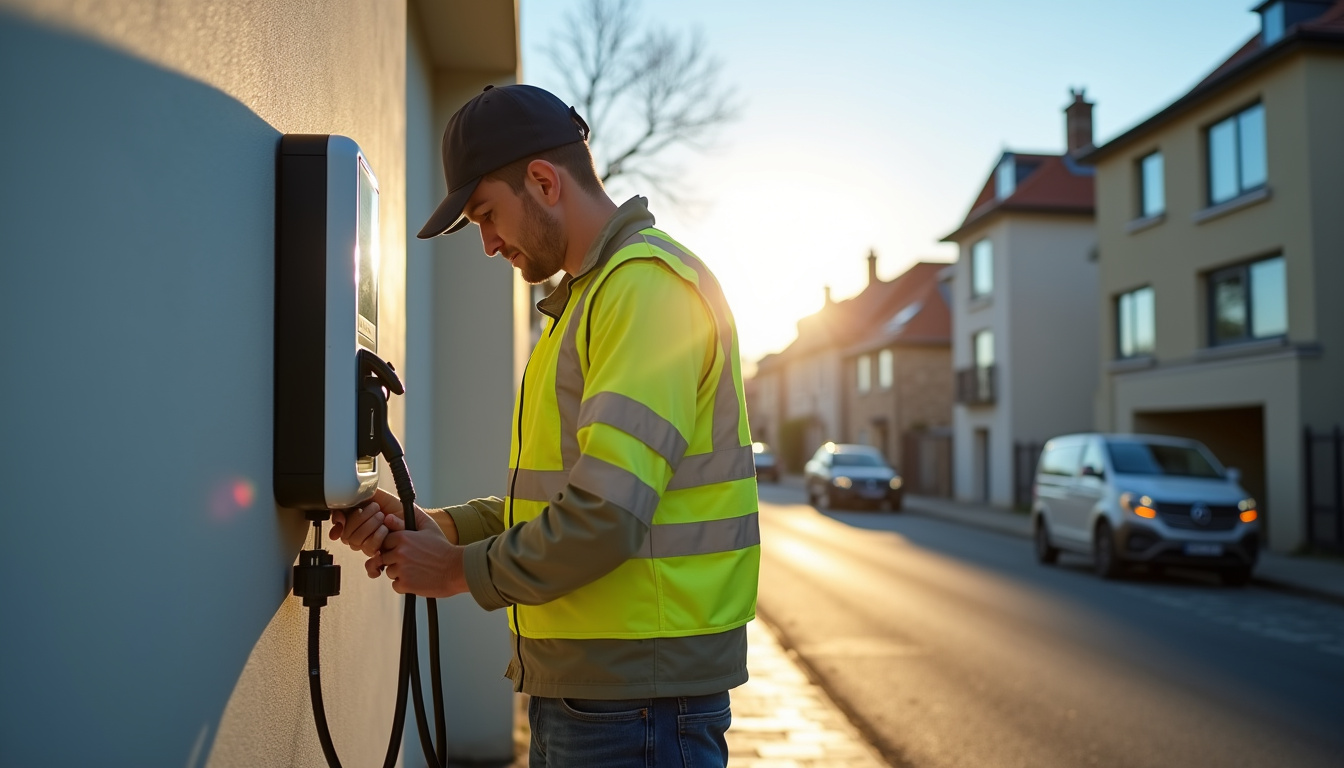Technicien en train d'installer une borne de recharge électrique à Saint-Gaultier