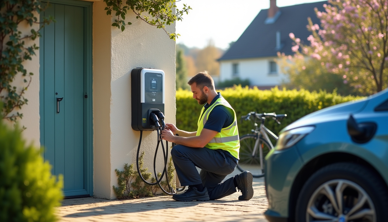 Technicien en train d’installer une borne de recharge électrique à Saint-Gervais-la-Forêt