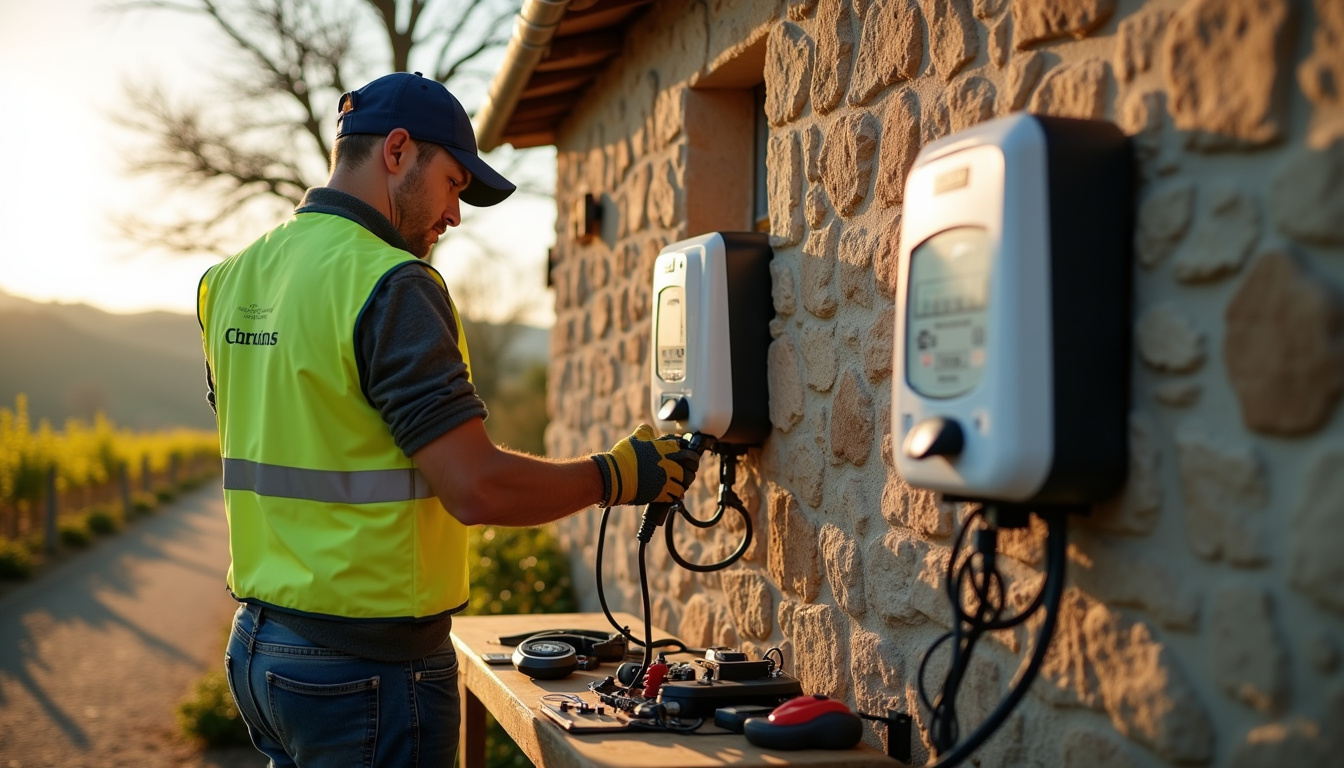 Technicien en train d'installer une borne de recharge électrique à Saint-Pierre-de-Mons