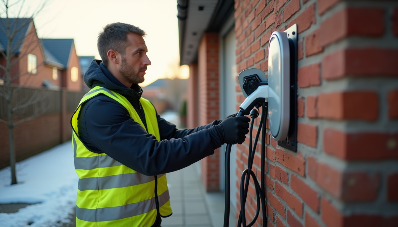 Technicien en train d'installer une borne de recharge électrique à Sillery