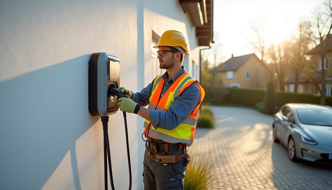 Technicien en train d'installer une borne de recharge électrique à Solliès-Toucas