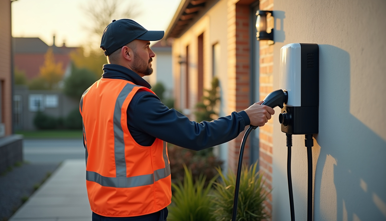 Technicien en train d'installer une borne de recharge électrique à Thérouanne