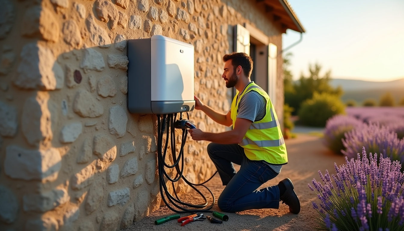 Technicien en train d'installer une borne de recharge électrique à Valensole