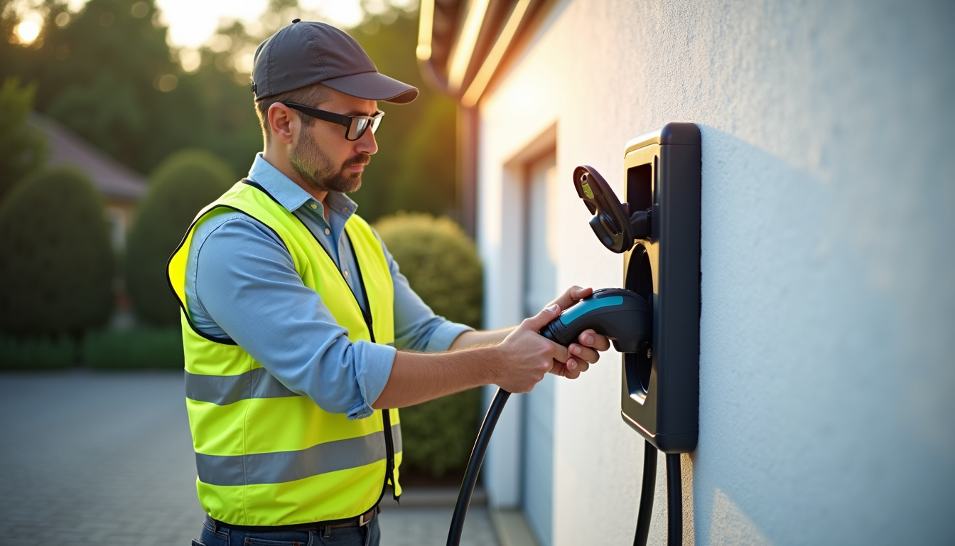 Technicien en train d'installer une borne de recharge électrique à Villemoirieu