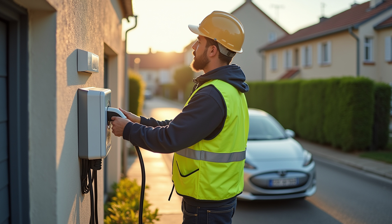 Technicien en train d'installer une borne de recharge électrique à Villeneuve-sur-Allier