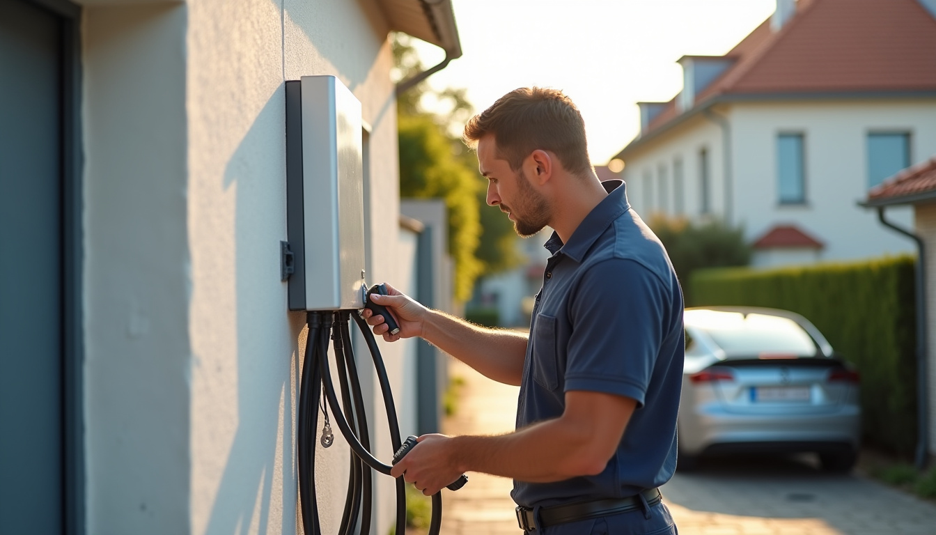Technicien en train d’installer une borne de recharge électrique chez un particulier à Mussidan