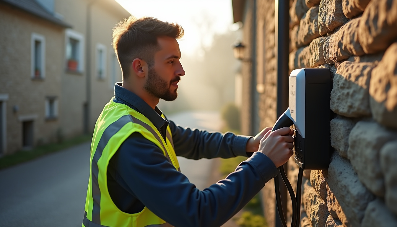 Technicien en train d'installer une borne de recharge électrique dans l'Aube